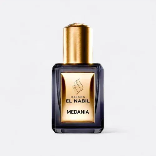 Zwarte en gouden Medania El-Nabil Parfumolie fles met branding