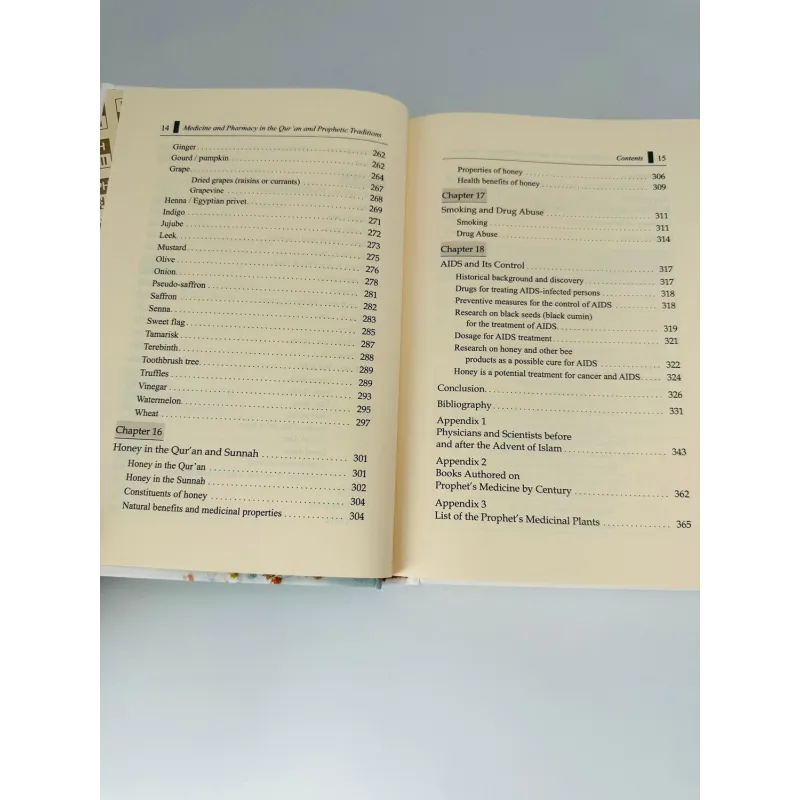 Open boek met inhoudsopgave over geneeskunde en apotheek in de Koran en Profetische Tradities