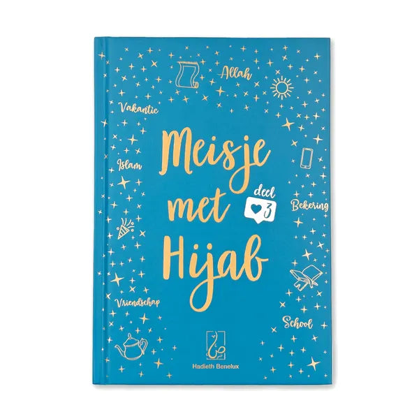 Boekomslag Meisje met Hijab deel 3 op turquoise achtergrond met sterren en doodles