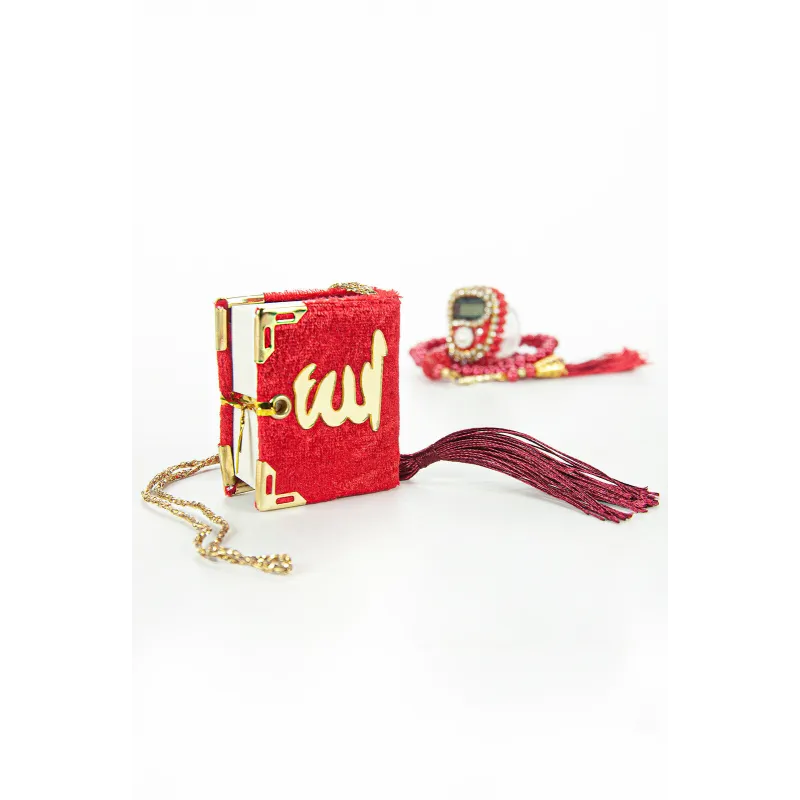 Rood fluwelen boekvormige hanger met gouden ketting en kwast voor Mini Cadeauset Koran