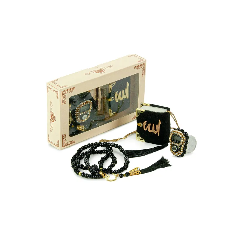 Zwarte kralen gebedssnoer met decoratieve doos, Mini Cadeauset Koran/Tasbih - zwart