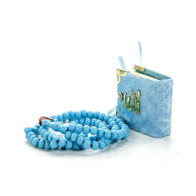 Lichtblauwe pompon guirlande met bijpassende decoratieve container voor mini Koran cadeau