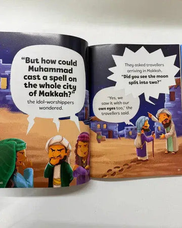 Open kinderboek miracles of muhammad (saw) met geïllustreerde bijbelse scène en personages in traditionele gewaden