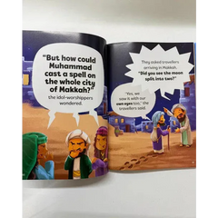 Open kinderboek miracles of muhammad (saw) met geïllustreerde bijbelse scène en personages in traditionele gewaden