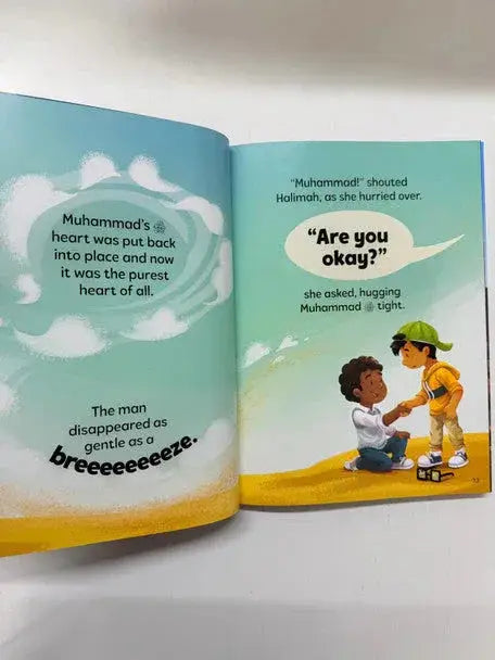 Open kinderverhaalboek miracels van muhammad saw met illustraties van twee kinderen in kleurrijke kleding