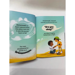 Open kinderverhaalboek miracels van muhammad saw met illustraties van twee kinderen in kleurrijke kleding