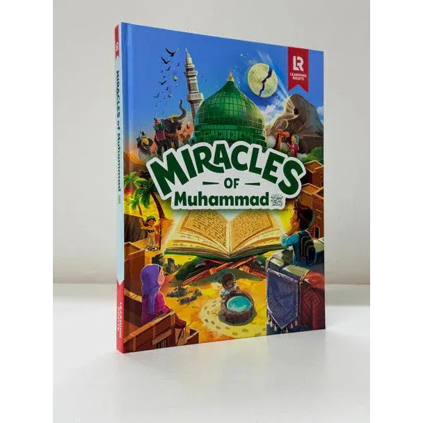 Een kleurrijk kinderboek miracles of muhammad met een open quran, groene koepelmoskee en illustraties op de cover