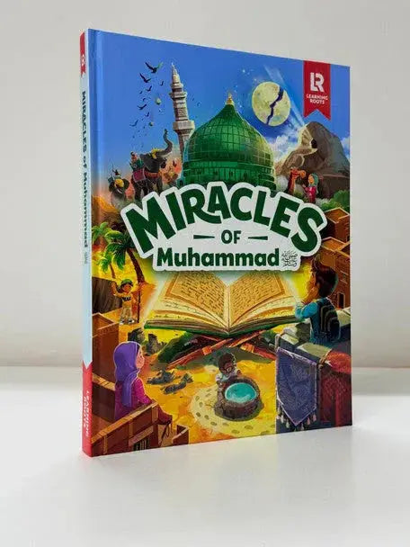 Een kleurrijk kinderboek miracles of muhammad met een open quran, groene koepelmoskee en illustraties op de cover