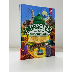 Een kleurrijk kinderboek miracles of muhammad met een open quran, groene koepelmoskee en illustraties op de cover