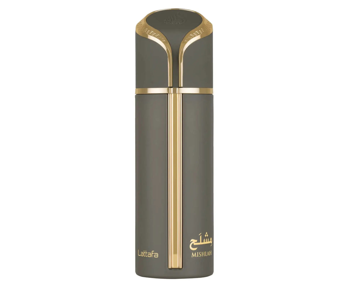 Een stijlvolle matte grijze parfumfles met gouden accenten en bijpassende dop van mishlah lattafa parfum