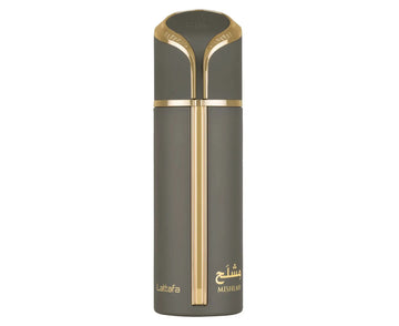 Een stijlvolle matte grijze parfumfles met gouden accenten en bijpassende dop van mishlah lattafa parfum