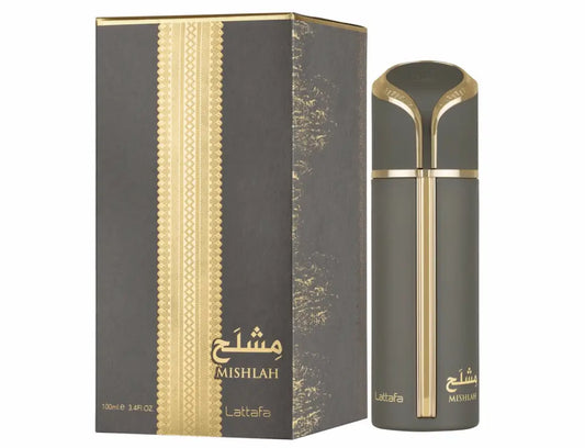 Donkergrijze cilindervormige parfumfles met gouden accenten en modern design van mishlah door lattafa