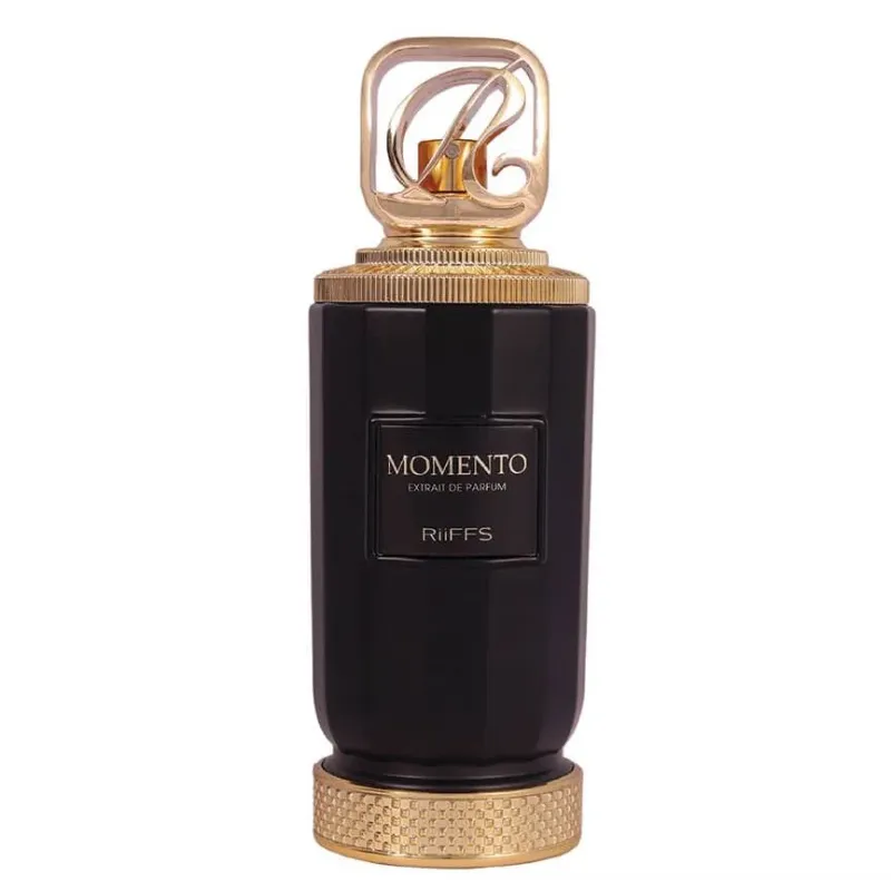 Zwart leren geur parfum fles met gouden dop voor Momento Riiffs arabische parfum