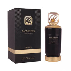 Zwart en goud leren geur Arabische parfum Momento Riiffs fles en doos