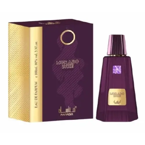Diep paarse glazen fles met gouden dop en label met morado luxe geur van matalan 100 ml edp