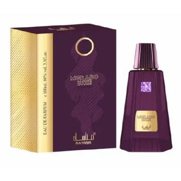 Diep paarse glazen fles met gouden dop en label met morado luxe geur van matalan 100 ml edp