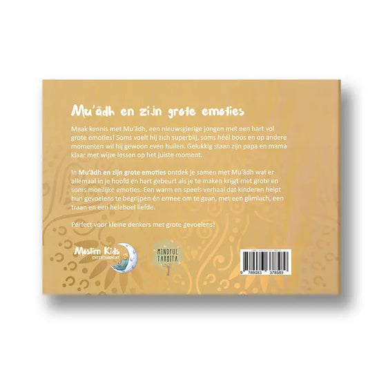 De achterkant van het kinderboek muadh en zijn grote emoties toont lichtbeige papier met witte tekst en subtiele krullen
