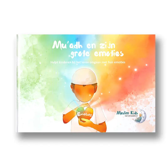 Een kleurrijk kinderboek muadh en zijn grote emoties met een jongen die een hartvormig object emoties vasthoudt