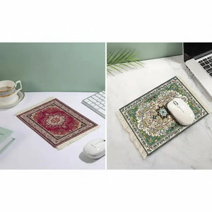 Muismat met perzisch tapijtdesign in rood en groen met geornamenteerde franjes en tapijtachtige uitstraling