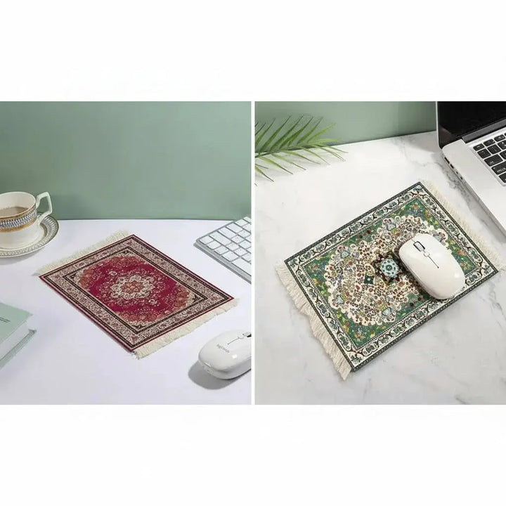 Muismat met perzisch tapijtdesign in rood en groen met geornamenteerde franjes en tapijtachtige uitstraling