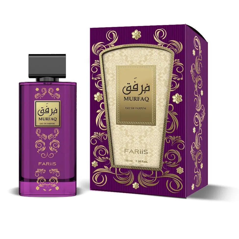 Purple murfaq eau de parfum bottle with gold ornate detailing and black cap beside matching purple and gold box