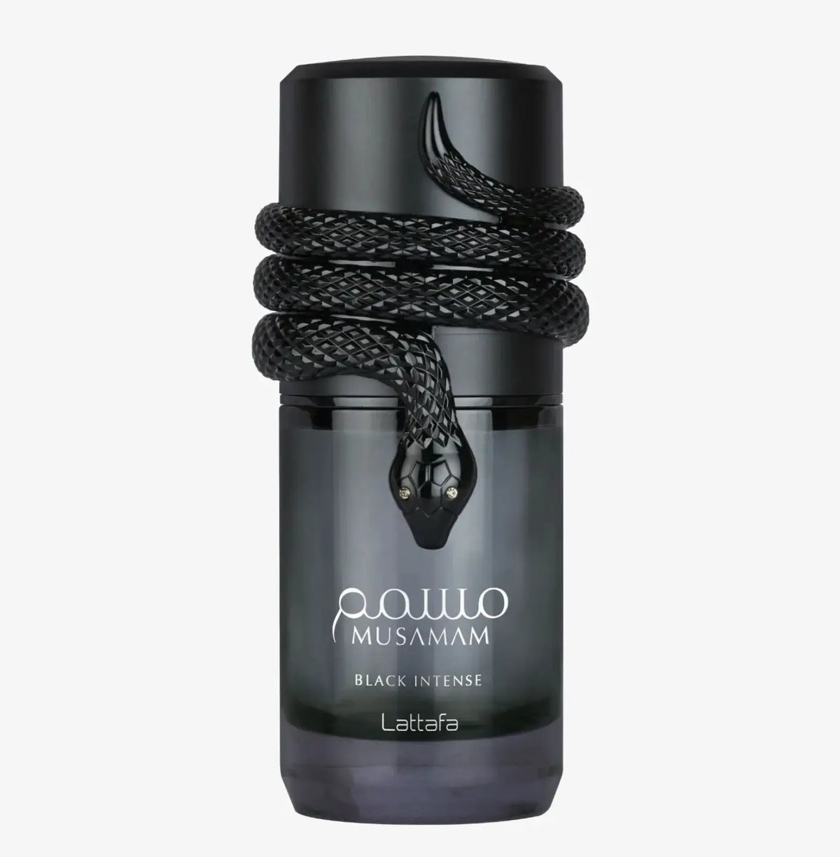 Musamam black intense edp parfumfles met zwarte slangontwerp, glanzende zwarte dop en gevlochten touw rond hals