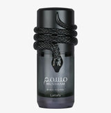 Musamam black intense edp parfumfles met zwarte slangontwerp, glanzende zwarte dop en gevlochten touw rond hals