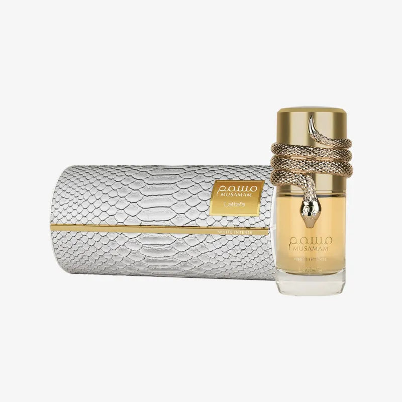 Sleek transparante glazen Musamam White Intense EDP 100 ml fles met gouden dop en slangontwerp