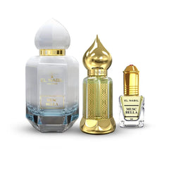 Musc Bella Prestige Box met drie luxe parfumflessen met gouden en witte decoratie