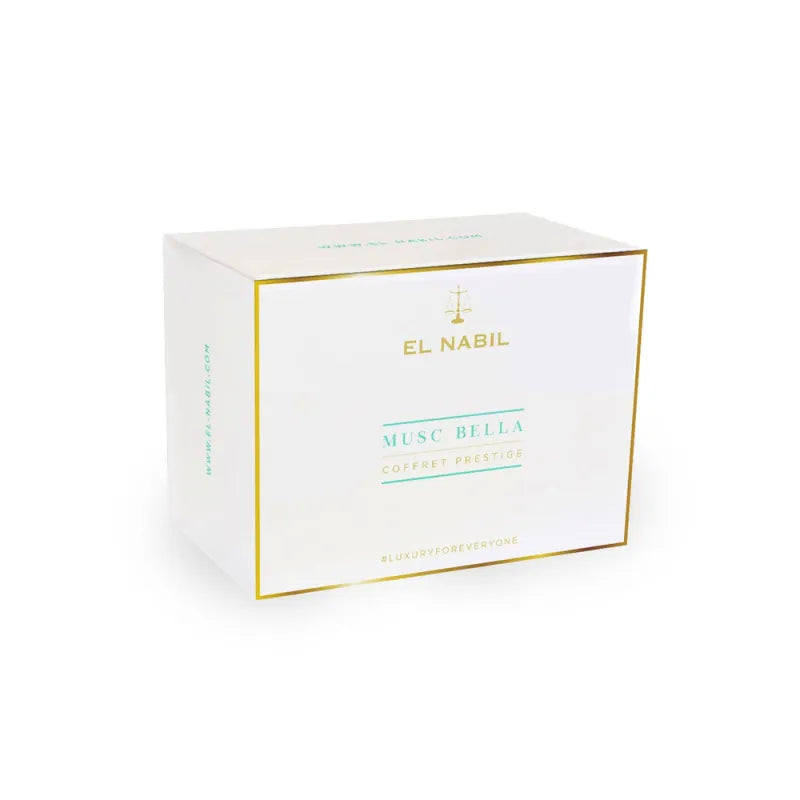 Witte en gouden gift box van Musc Bella met El Nabil branding en mintgroene tekst