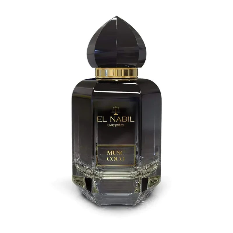 Donker glazen parfumfles van El-nabil Parfum Musc Coco met zoete vanille stralen