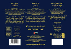 Donkere blauwe parfumfles label van musc collection giftset el-nabil met gouden geurennamen velvet, addict en oud secret en ingrediënten in engels en arabisch