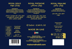 Musc collection giftset el-nabil met royal gold royal pistache en royal praline parfums in donkerblauwe fles met goudkleurige letters