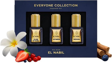 Donkerblauw cadeaubox met drie goudkleurige parfumflesjes elixir of dubai yathreeb medania uit maison el nabil musc collectie giftset