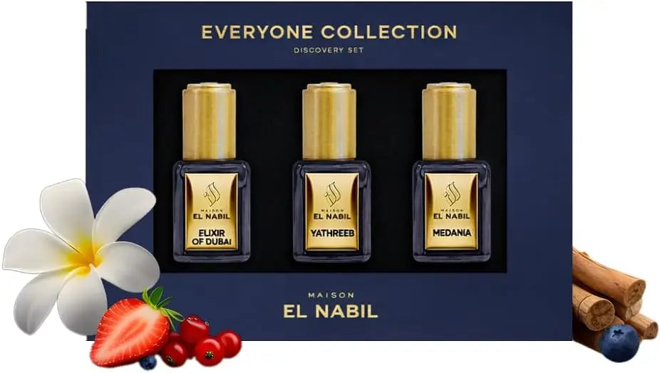 Donkerblauw cadeaubox met drie goudkleurige parfumflesjes elixir of dubai yathreeb medania uit maison el nabil musc collectie giftset