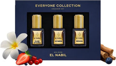 Donkerblauw cadeaubox met drie goudkleurige parfumflesjes elixir of dubai yathreeb medania uit maison el nabil musc collectie giftset