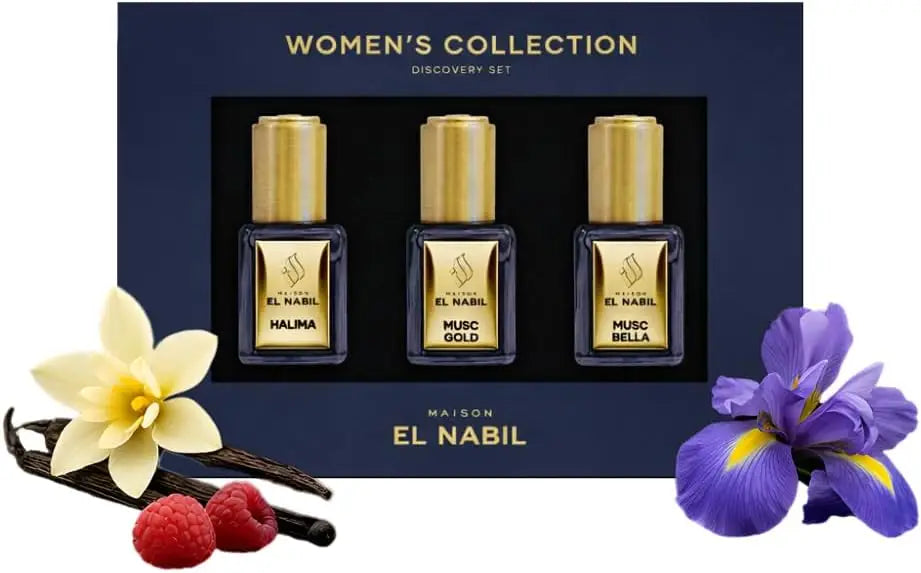 Drie elegante goudkleurige parfumflessen met deksels in een marineblauwe doos van maison el nabil musc collection giftset