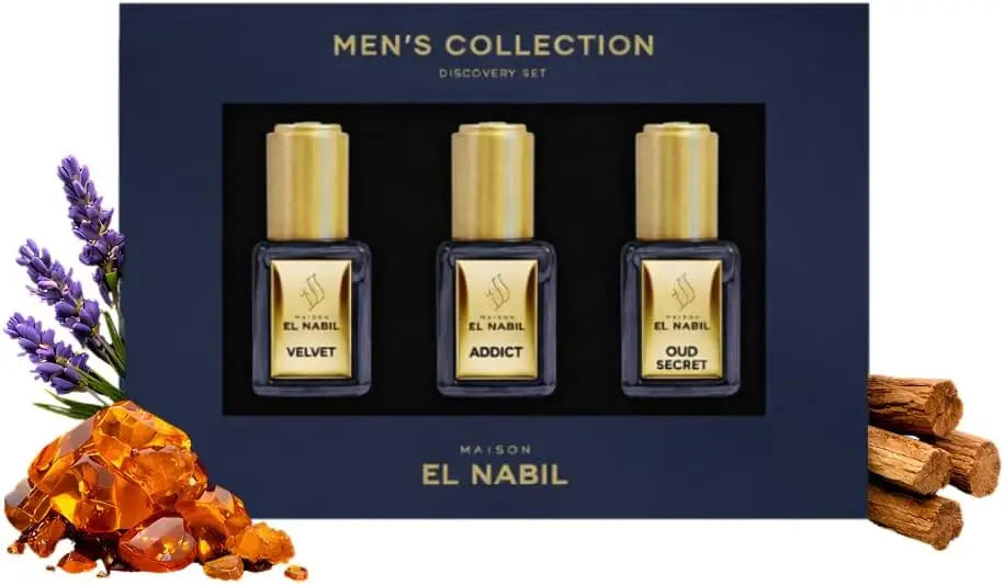 Luxe mannengeuren discovery set met drie goudmetalen flessen in een marineblauwe doos musc collection giftset el-nabil