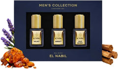 Luxe mannengeuren discovery set met drie goudmetalen flessen in een marineblauwe doos musc collection giftset el-nabil