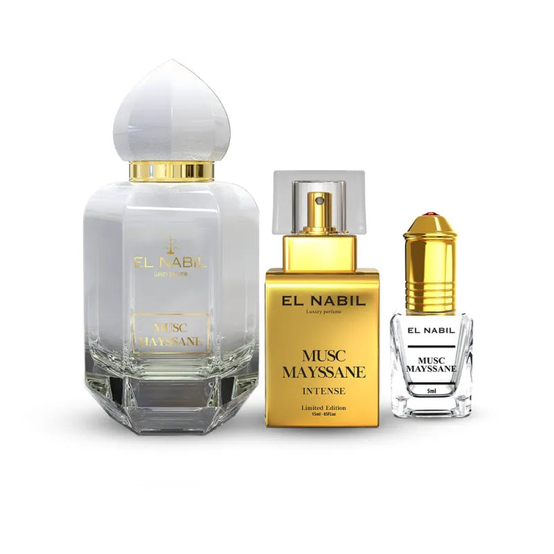 Drie parfumflessen uit de El Nabil collectie in wit en goud, Musc Mayssane