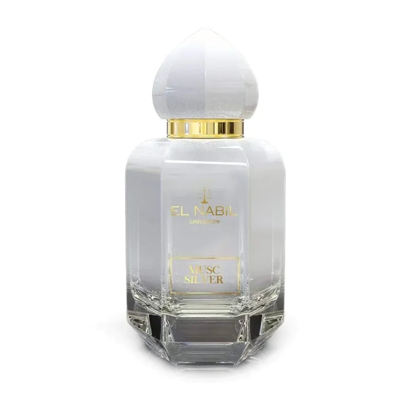 Witte en gouden faceted parfumfles voor Musc Silver Parfumspray, zilveren parfumfles