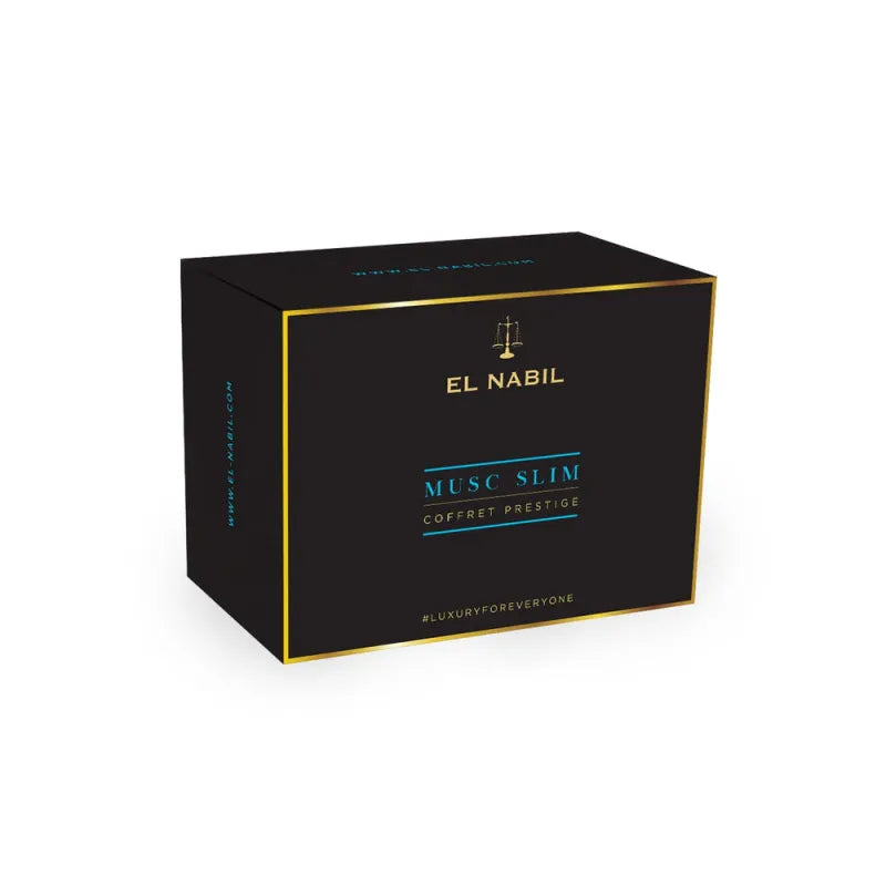 Zwarte box met gouden rand en El Nabil Musc Slim logo, luxury for everyone