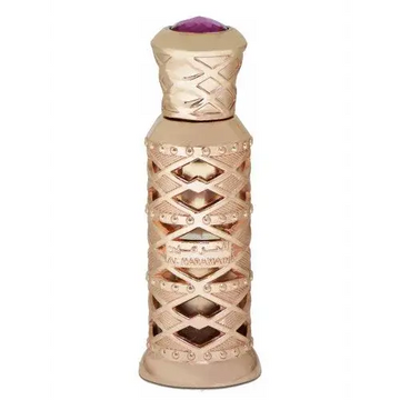 Goudkleurige parfumfles musk al haramain parfumolie met ingewikkeld rasterontwerp en paarse edelsteen dop