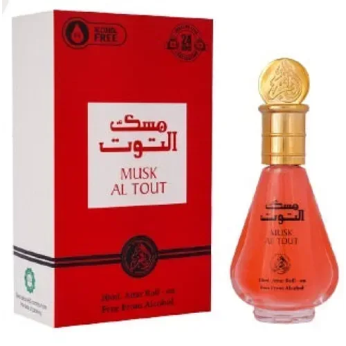 De fles is een koraalrode musk al tout parfumolie van 20 ml met een gouden dop en gedetailleerd ontwerp in een rode doos