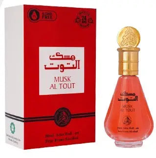 De fles is een koraalrode musk al tout parfumolie van 20 ml met een gouden dop en gedetailleerd ontwerp in een rode doos