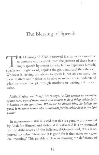Een pagina uit het boek muslim unification at time of crises met de titel the blessing of speech in zwart-wit serif lettertype