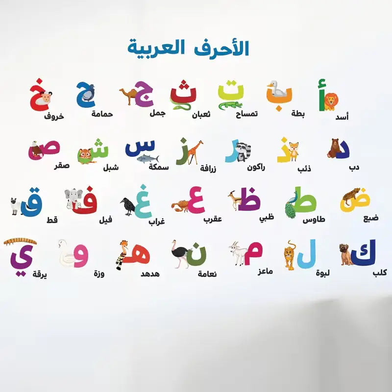 Muursticker arabische alfabet met kleurrijk alfabet en dierenillustraties bij elke letter voor kinderkamerdecoratie