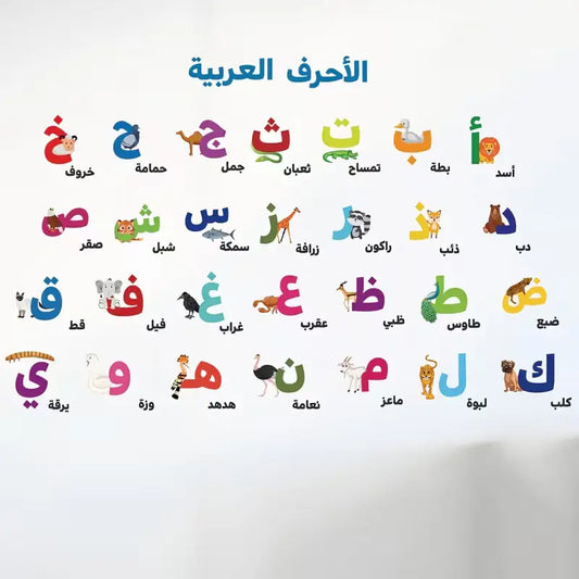 Muursticker arabische alfabet met kleurrijk alfabet en dierenillustraties bij elke letter voor kinderkamerdecoratie