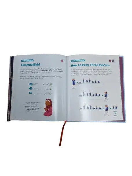 Open instructieboek my first salah book met arabische tekst en roze cartoonfiguur over bidden uitleg en diagrammen