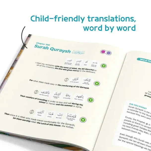 Kindvriendelijke quran vertaalboek my first surah book met tweetekst arabisch en engels en kleurrijke pictogrammen